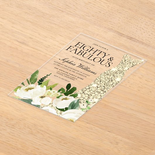 Gouden jurk Witte Bloemen 80ste verjaardag Acryl Uitnodigingen (Laagn)
