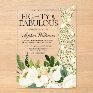 Gouden jurk Witte Bloemen 80ste verjaardag Acryl Uitnodigingen