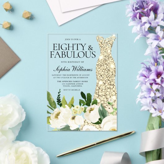 Gouden jurk Witte Bloemen 80ste verjaardag Acryl Uitnodigingen (Insitu (Huwelijk))