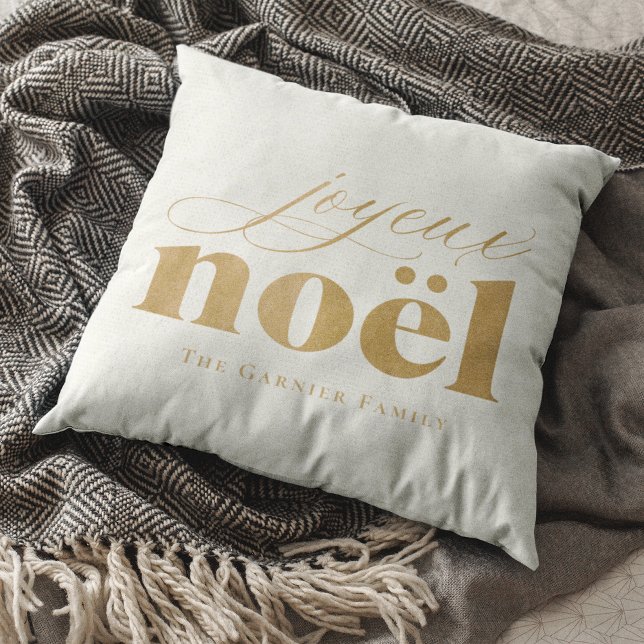Gouden jute joyeux noël Custom Achternaam Kerstmis Kussen (Faux gold burlap joyeux noël Custom Name Christmas Throw Pillow)