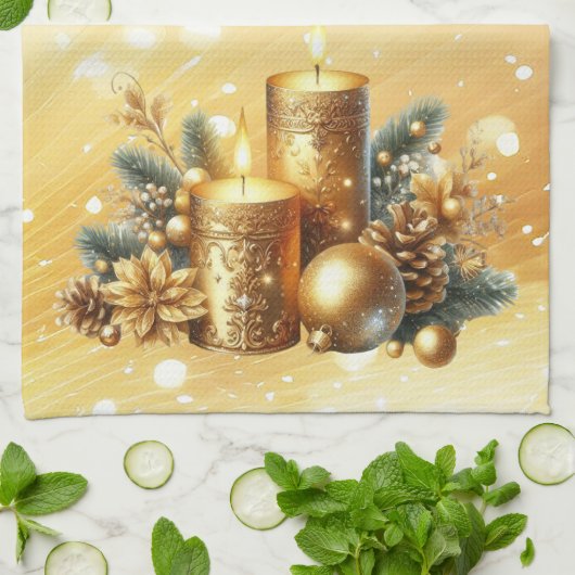 Gouden kaarsen Kerst Vakantie Keuken Handdoek (Gevouwen)