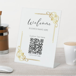 Gouden Kader QR-code Aangepaste tekst Zakelijk Reclamebord Met Voetstuk
