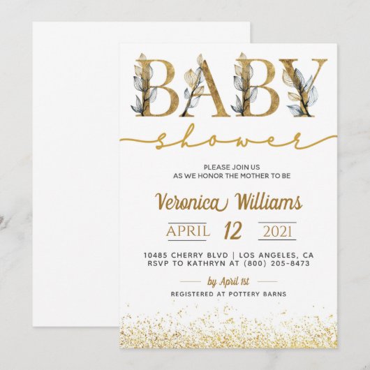 Gouden Kalligrafie Baby shower Invitation Kaart (Voorkant / Achterkant)