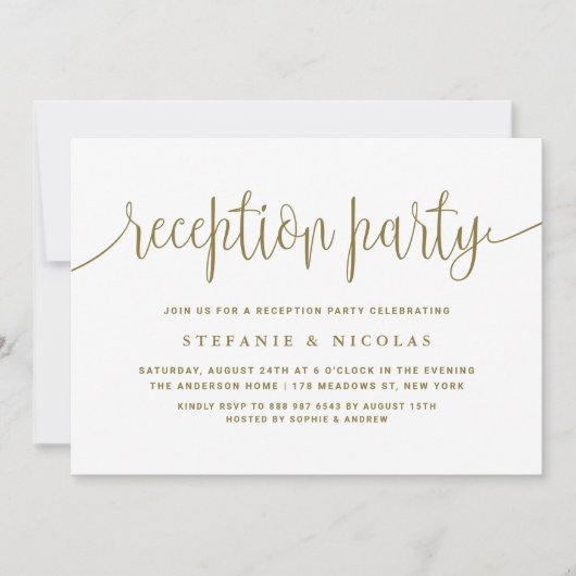 Gouden Kalligrafie Bruiloft Receptie Party Kaart (Voorkant)