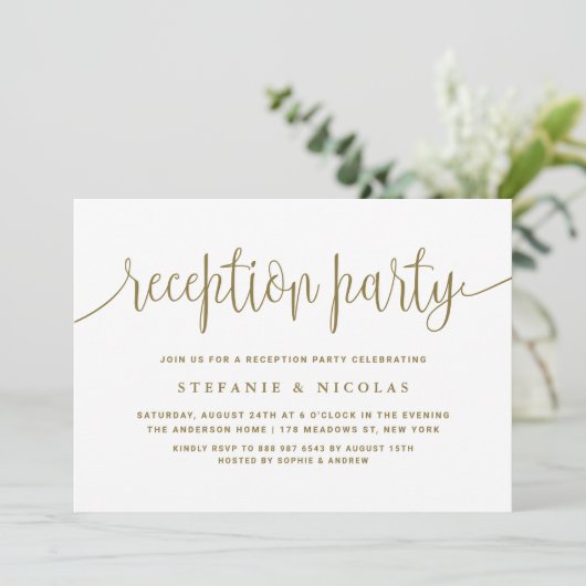 Gouden Kalligrafie Bruiloft Receptie Party Kaart (Staand voorkant)