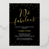Gouden Kalligrafie Confetti 70th Fabulous Birthday Folie Uitnodiging (Voorkant)
