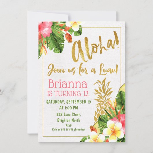 Gouden Kalligrafie Luau Verjaardag Uitnodiging (Voorkant)