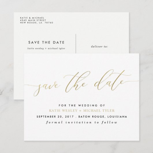 Gouden kalligrafie Modern Save the Date Aankondigingskaart (Voorkant / Achterkant)
