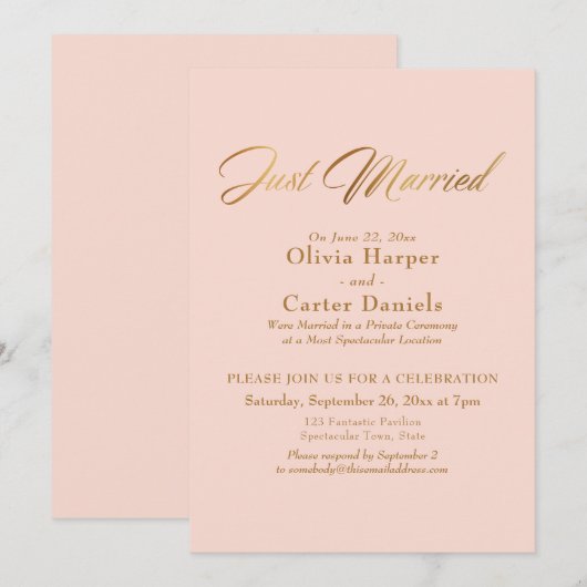 Gouden kalligrafie Net getrouwd Blush roze ontvang Kaart (Voorkant / Achterkant)