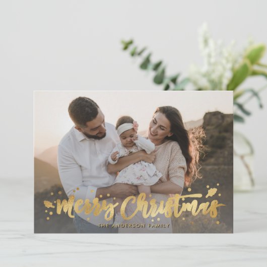 Gouden Kalligrafie Sneeuwvlok Foto Vrolijk Kerstfe Feestdagenkaart (Staand voorkant)