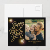 Gouden Kalligrafie Twinkle Star Foto Nieuwjaar Zwa Briefkaart (Voorkant / Achterkant)