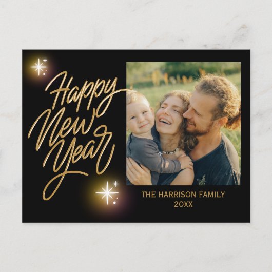 Gouden Kalligrafie Twinkle Star Foto Nieuwjaar Zwa Briefkaart (Voorkant)