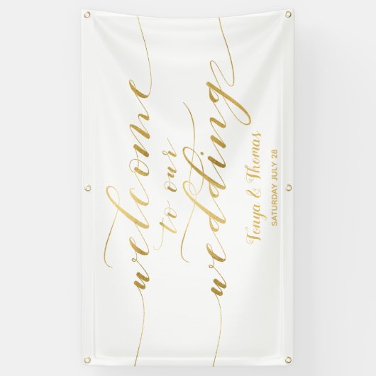 Gouden kalligrafie Wit Welkom op onze bruiloft Spandoek (Verticaal)