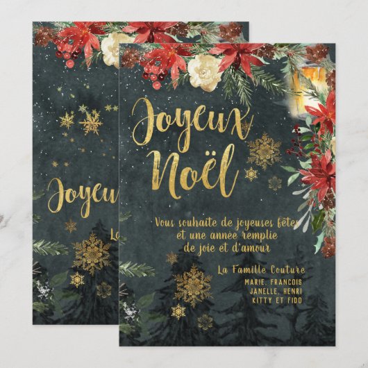 Gouden Kalligrafie Woodland Franse Joyeux Noel Kaa Kaart (Voorkant / Achterkant)