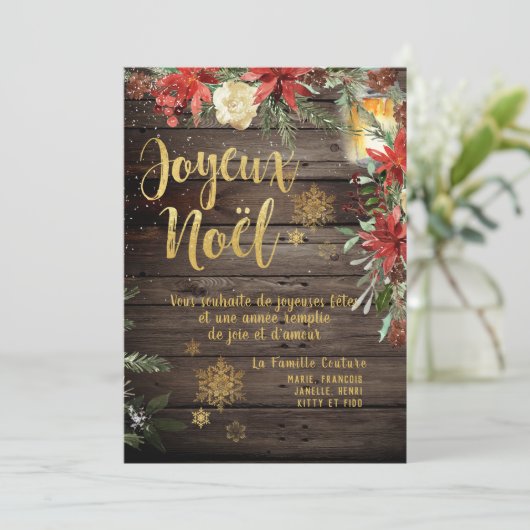 Gouden Kalligrafie Woodland Franse Joyeux Noel Kaa Kaart (Staand voorkant)