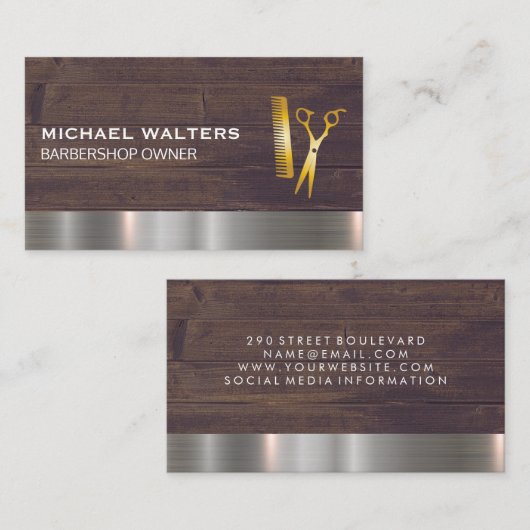 Gouden kam en schaar houten metalen rand visitekaartje (Voorkant / Achterkant)