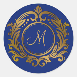 Gouden kam met monogram initiaal op blauw ronde sticker