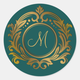 Gouden kam met monogram initiaal op groene klassie ronde sticker