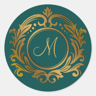 Gouden kam met monogram initiaal op groene klassie ronde sticker