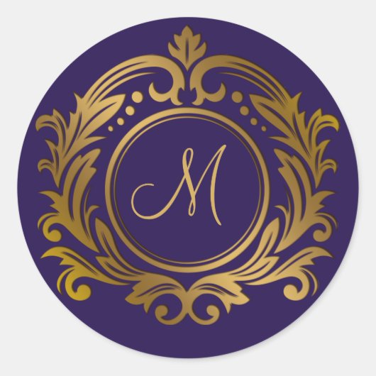 Gouden kam met monogram initiaal op paars ronde sticker (Voorkant)