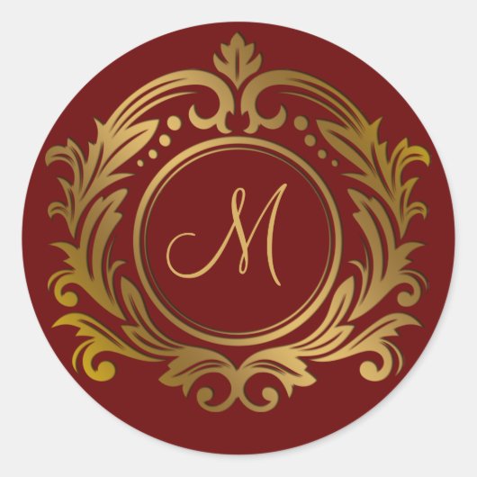 Gouden kam met monogram initiaal op rood ronde sticker (Voorkant)