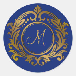 Gouden kam met monograminitiaal op blauwe achtergr ronde sticker