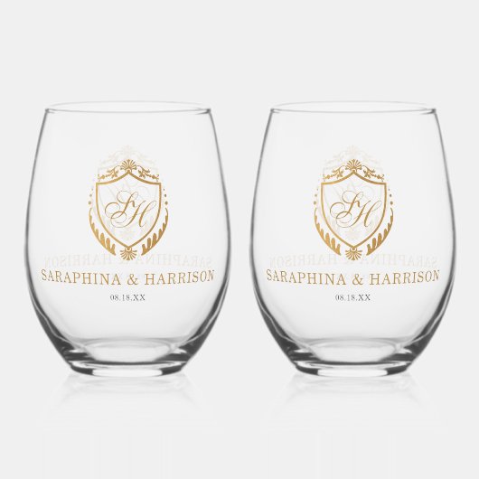 gouden kam monogram bruiloft wijnglas zonder voet (Achterkant)