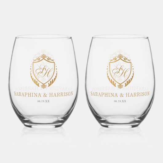 gouden kam monogram bruiloft wijnglas zonder voet (Voorkant)