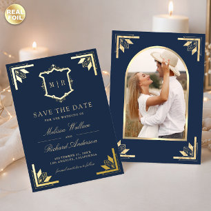 Gouden kam Navy Blauwe Trouw Save the Date Folie Uitnodiging