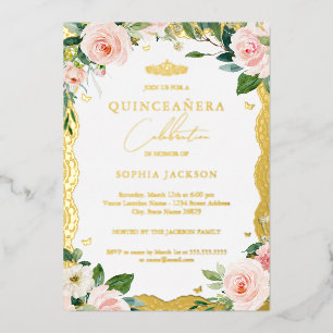 Gouden kant blozend roze bloem Quinceanera Folie Uitnodiging