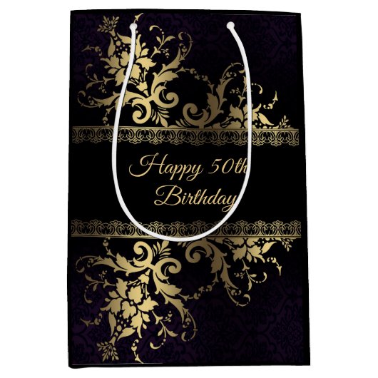 Gouden kant en bloemen medium cadeauzakje (Voorkant)