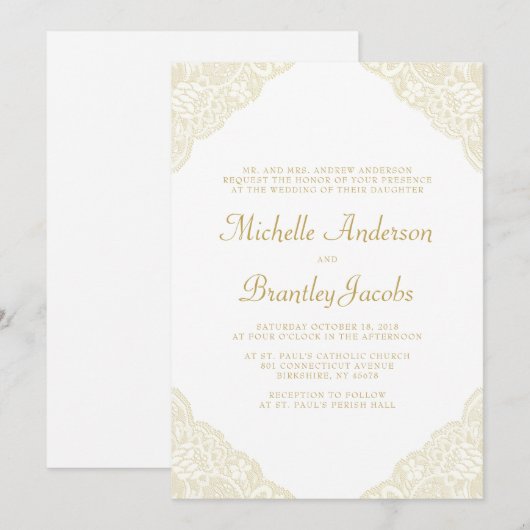 Gouden kant hoeken Elegante bruiloft uitnodiging (Voorkant / Achterkant)