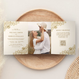 Gouden Kant Ivoor Crème Foto QR Code Bruiloft Drieluik Uitnodiging