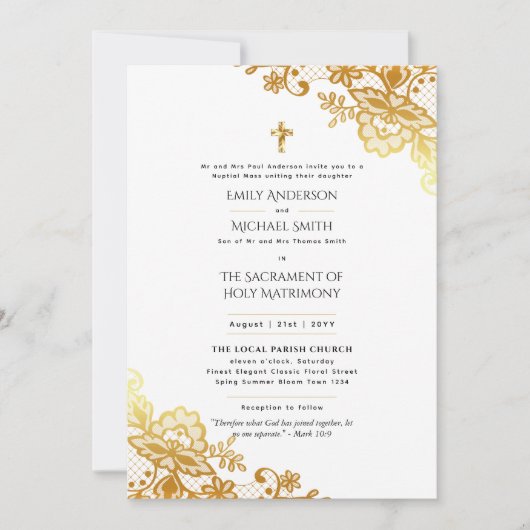 Gouden Kant Katholieke Nuptial Mass Bruiloft Kaart (Voorkant)