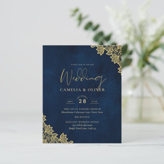 Gouden kant Navy Blauwe All-in-1 Trouw Uitnodiging (Staand voorkant)
