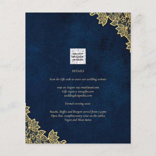 Gouden kant Navy Blauwe All-in-1 Trouw Uitnodiging (Achterkant)