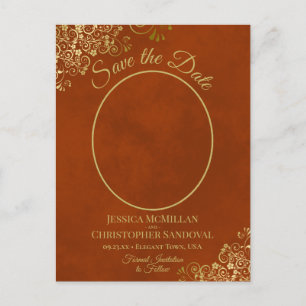 Gouden Kant op Roest Bruiloft Bewaar de Datum Ovaa Aankondigingskaart