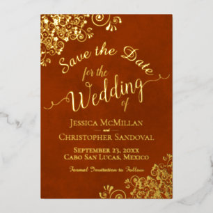 Gouden kant op roest oranje trouwkaart Save the Da Folie Uitnodiging