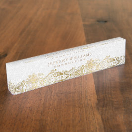 Gouden kant pluche witte damast achtergrond naambordje