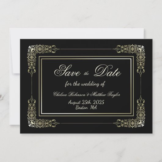 Gouden kant rand zwarte bruiloft save the date (Voorkant)