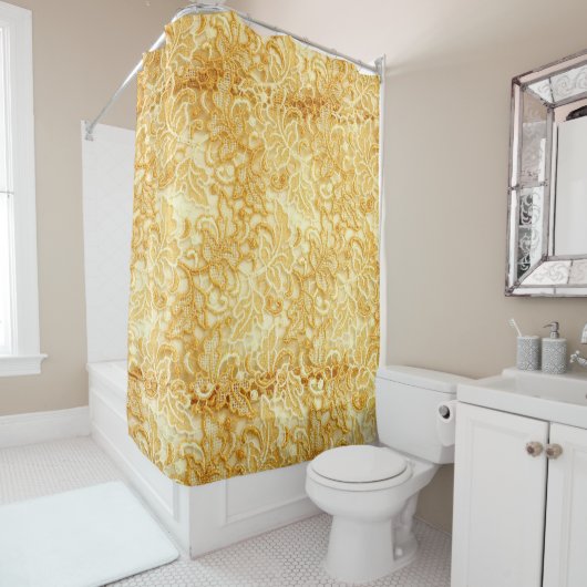 Gouden kanten stof detail, doek. douchegordijn (In situ)