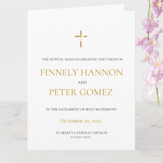 Gouden Katholieke Mis Trouwprogramma Kaart (Orchidee)