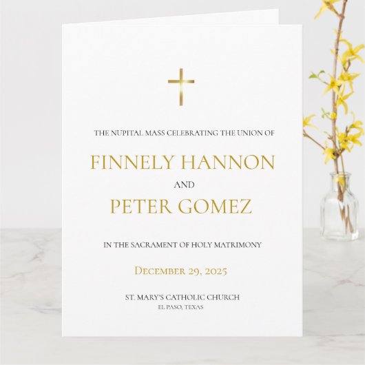 Gouden Katholieke Mis Trouwprogramma Kaart (Gele Bloem)