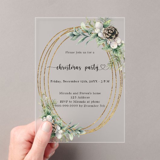 Gouden kegel groen bevroren kerstfeest acryl uitnodigingen (Insitu (Draagbaar))