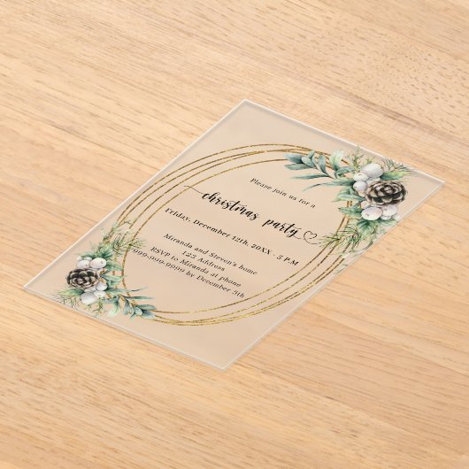 Gouden kegel groen bevroren kerstfeest acryl uitnodigingen (Laagn)