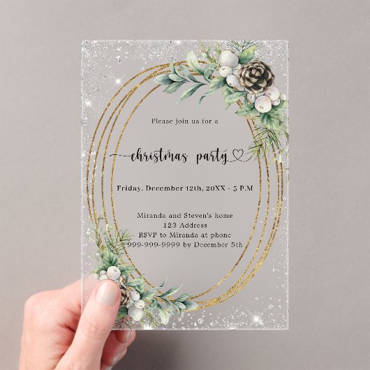 Gouden kegelgroen glitter frosted Christmas Party Acryl Uitnodigingen (Insitu (Draagbaar))