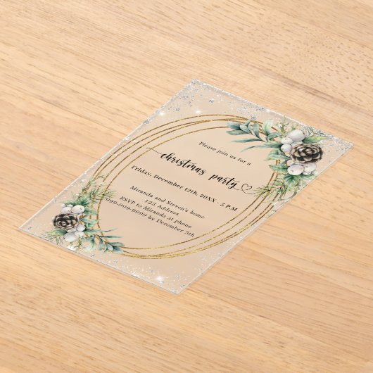 Gouden kegelgroen glitter frosted Christmas Party Acryl Uitnodigingen (Laagn)