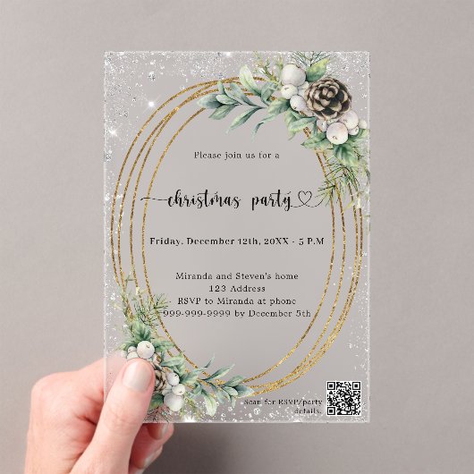 Gouden kegelgroen QR-code Frosted Christmas Party Acryl Uitnodigingen (Insitu (Draagbaar))