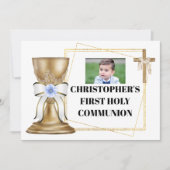 Gouden kelk houten kruis satijn boog blauw bloemen kaart (Voorkant)