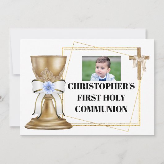 Gouden kelk houten kruis satijn boog blauw bloemen kaart (Voorkant)